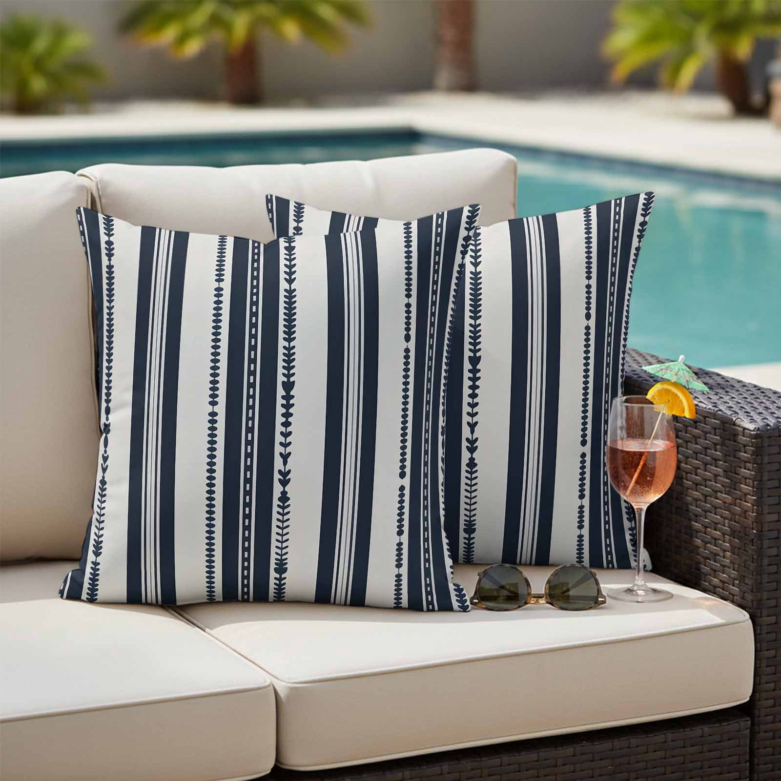 Navy Blue Geometric Outdoor Waterproof Pillow Covers, Modern Stripes Art Farmhouse Decorative Square Throw Pillowcase Sofa Cushion Sham for Patio/Couch/Chair, 24"x24" 2 Pack