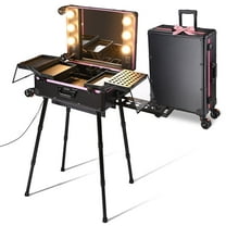 Byootique Rolling Makeup Case with Bulb Mirror Adjustable Leg Detachable Wheel