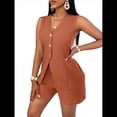thumbnail image 3 of Conjuntos de Verano de 2 Piezas para Mujer, Sin Mangas, con Cuello en V, Abotonado, Chaleco y Pantalones Cortos con Bolsillos. Marrón L, 3 of 10