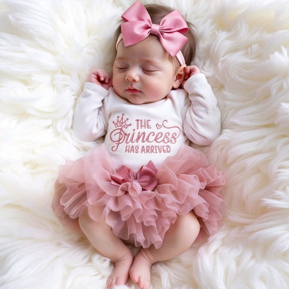 Ylsteed Newborn Photography Outfit "The Princess Has Arrived" Embroidered Bodysuit Tutu Skirt with Bow Headband 0‑3 Months Baby Girl Shower Costume