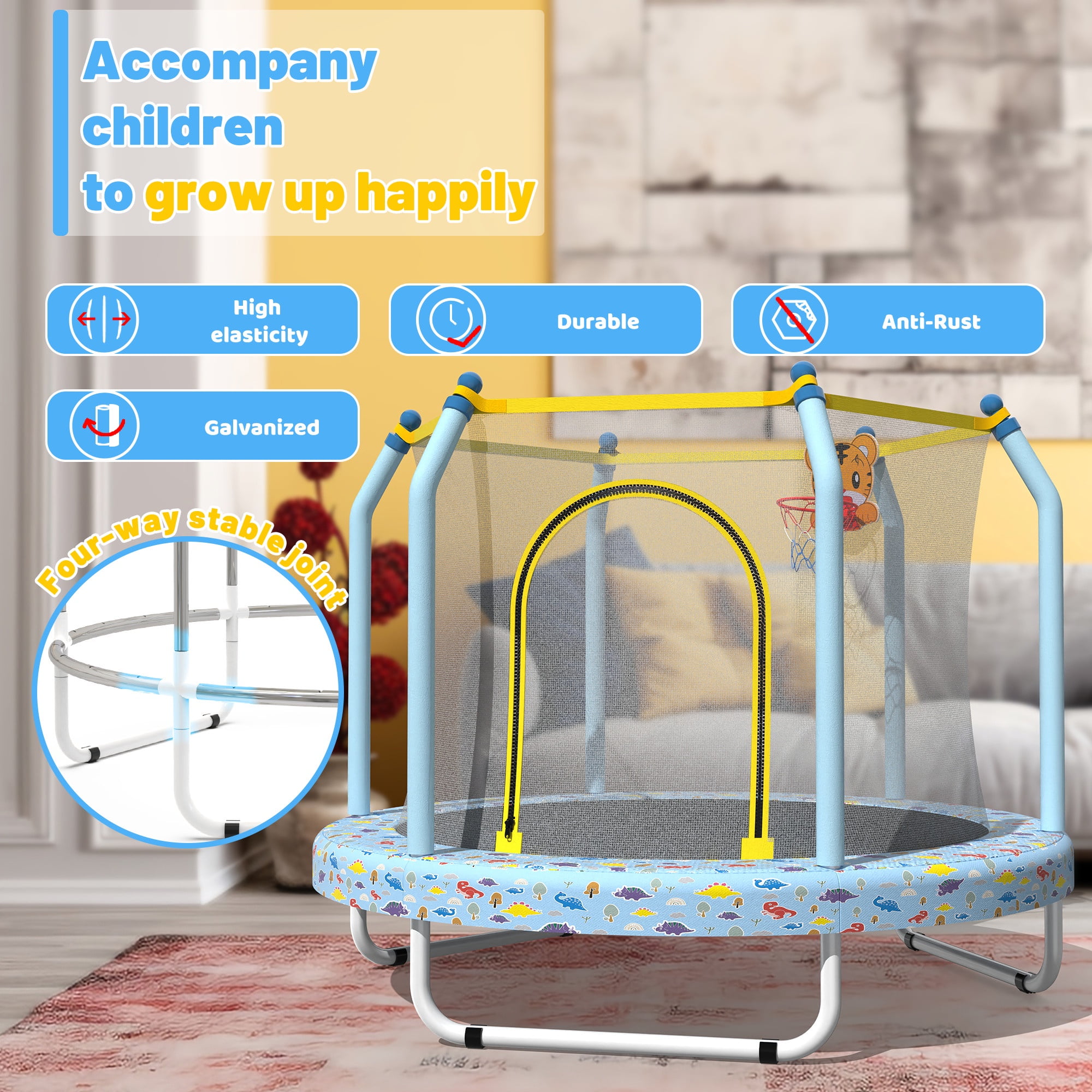 55" Trampoline with Enclosure for Kids, SEGMART Indoor Outdoor Toddler Trampoline with Basketball, Indoor Outdoor Kids Trampoline with Basketball Hoop, Small Round Trampoline for Boys Girls