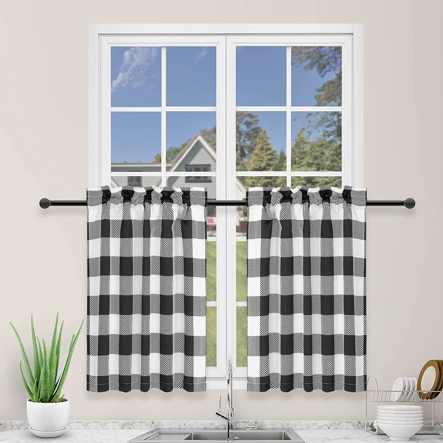 Buffalo Check Kitchen Tier Curtains - White & Gray Plaid 26x30 Inch Cafe Window Curtains