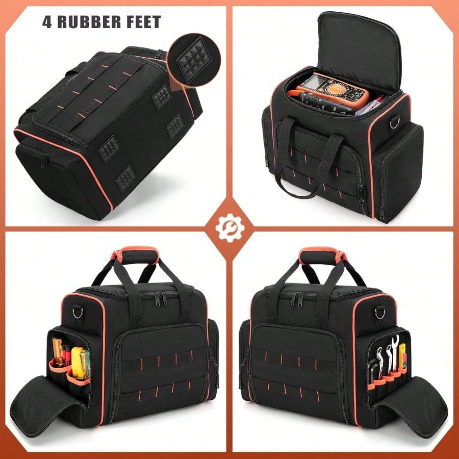 Tool Bag with 3 Removable Cases 2 Layers Tool Tote for Hand Tools Black with Red Binding