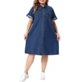 thumbnail image 2 of Agnes Orinda Women's Plus Size Denim Dresses Button Down Lapel Short Sleeve Midi Summer Casual Denim Jean Shirt Dress with Pockets 1X Dark Blue, 2 of 6
