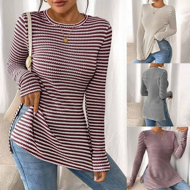 HomeGardon Pullover Sweaters for Women Crewneck Long Sleeve Side Slit Ruffled Hem Fitted Casual Striped Knitted Jumper Tops Solid Color Beige,2XL