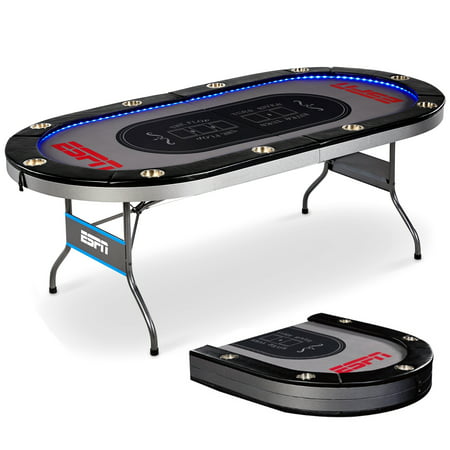 ESPN 10 Player Premium Foldable Poker Table with In-Laid LED Lights, 100% Pre-assembled, Steel Cup Holder, Compact Storage, Spill-Proof, (Best Women Poker Players)