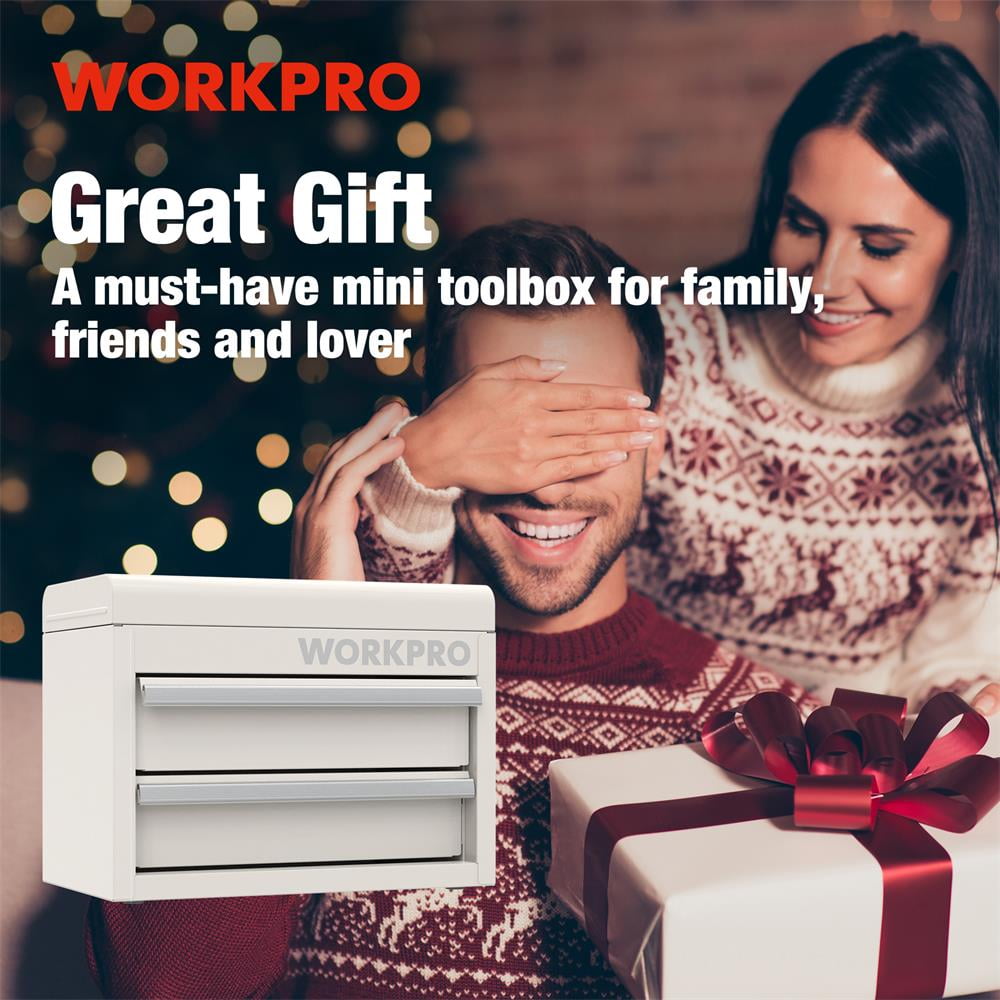 WORKPRO Mini Metal Tool Box with 2 Drawers and Top Storage, Small Tool Chest with PVC Liners and PP Feet Pads, Cold Rolled Steel Toolbox with Magnetic Tab,White