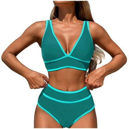 Hfyihgf High Waisted Bikini Sets for Women V Neck Color Block Two Piece Swimsuits Cheeky Push Up Bathing Suit(Blue S)