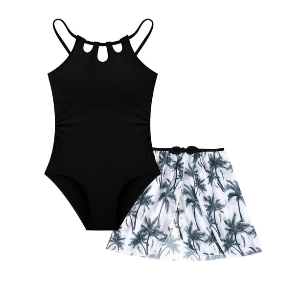Girls Swimsiut One Piece Bathing Suit with Cover Ups Adjustable Straps Cut Out Tropical Printed Swimwear Size 7-16 Years