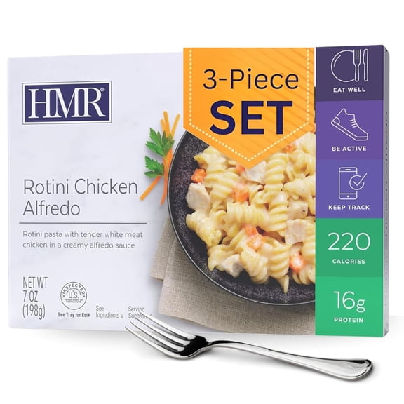HMR Rotini Chicken Alfredo Entrée | Pre-packaged Lunch or Dinner to Support Healthy Eating | Ready to Eat | 16g of Protein | Low Calorie Food | 7oz Serving per Meal | Pack of 3