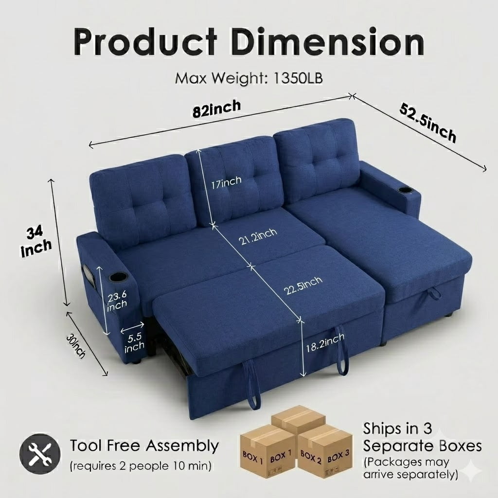 Howcool 82" Convertible Sleeper Sofa Bed, Pull-Out Couch with Reversible Storage Chaise, L-Shaped Sectional Couch with USB Charging, Linen Fabric Sofa for Small Living Room Apartment,Blue