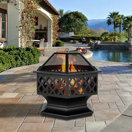 24-inch Outdoor Fire Pit, Wood Burning Fire Pit with Flame-Retardant Lid, Hex-Shaped Steel Metal Fire Pit Fireplace w/Poker, Multifunctional Garden Terrace Fire Bowl Heater/BBQ/Ice Pit, Black, S7036