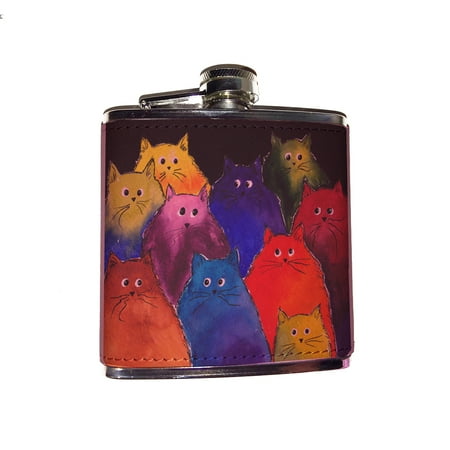 

KuzmarK Pink Leather Flask - Very Colorful Two Toned Silly Maine Coon Kitties Black Background Art by Denise Every