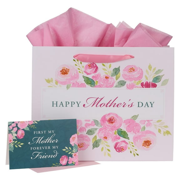 With Love Floral Gift Bag w/Card & Tissue Paper: First My Mother Forever My Friend, White w/Pastel Pink Florals, Happy Mother's Day Gift Idea, Large Landscape 12.5" x 10" x 3.9"