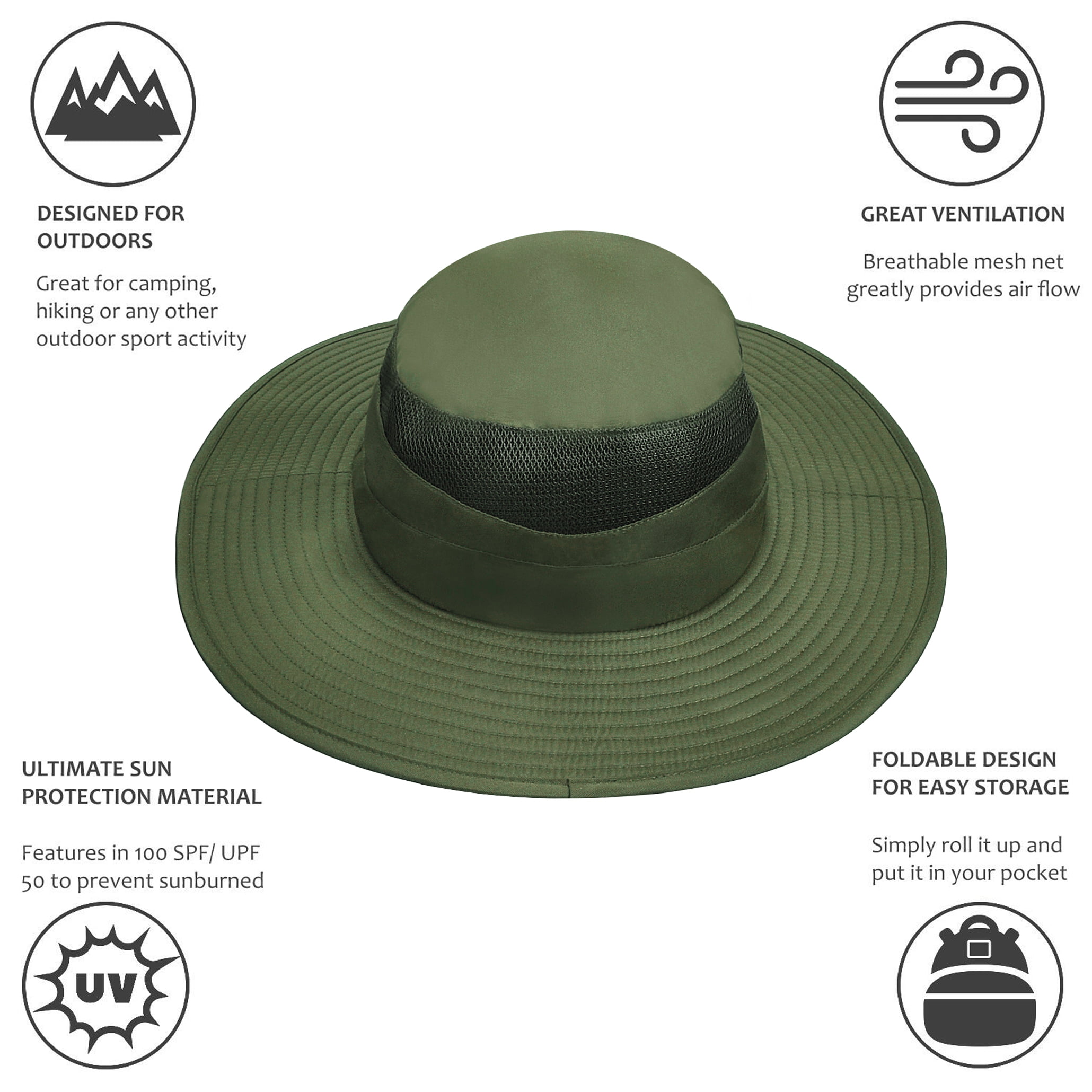 Tirrinia Outdoor Boonie Sun Protection Hat Wide Brim Mesh Hat for Boating  Hiking Camping Fishing Hunting Safari for 22'' Head Circumference Tan 