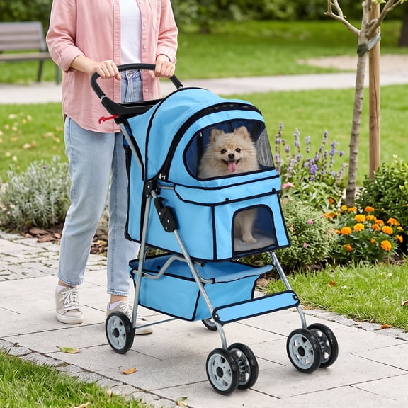 XF XINFENG Pet Stroller, 4 Wheel Portable Foldable Cat Dog Stroller Travel Carrier for Small Medium Dogs & Cats, 33 lbs Capacity Jogger Stroller with Cup Holder & Storage Basket, Blue