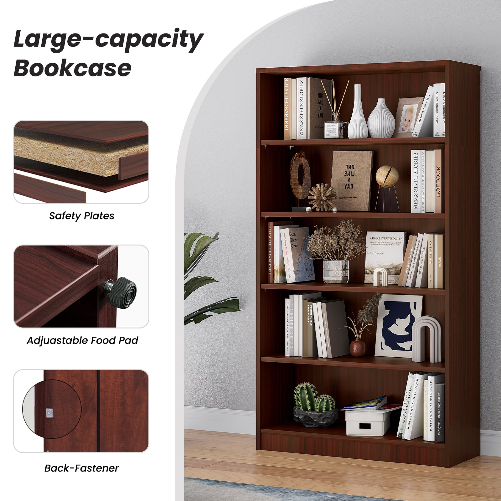 STARY 5 Tiers Bookcase, Wooden Bookcase with Adjustable Shelves for Home, Office, Cherry