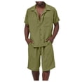 thumbnail image 2 of Fozruso Mens Short Sleeve Shorts Two Piece Set Solid Color Button Down C Ollar Shirt Plus Size Casual Beachwear, 2 of 6