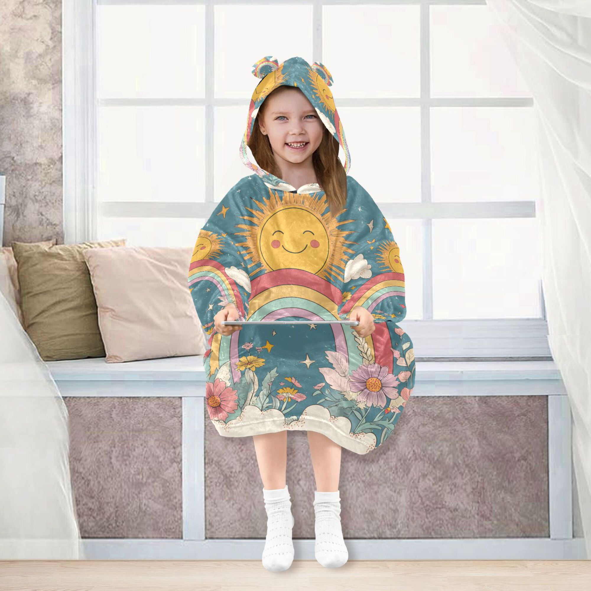 FORMRS Wearable Blanket Hoodie with Sleeves for Kids Cozy Flannel Sweatshirt, Blue Rainbow
