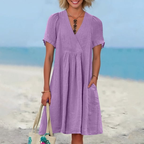 WILLBEST Vestidos De Mujer, Novedad De Verano, Vestido Plisado Informal Holgado A La Moda Retro Y De Lino Con Manga Corta Y Cuello En V