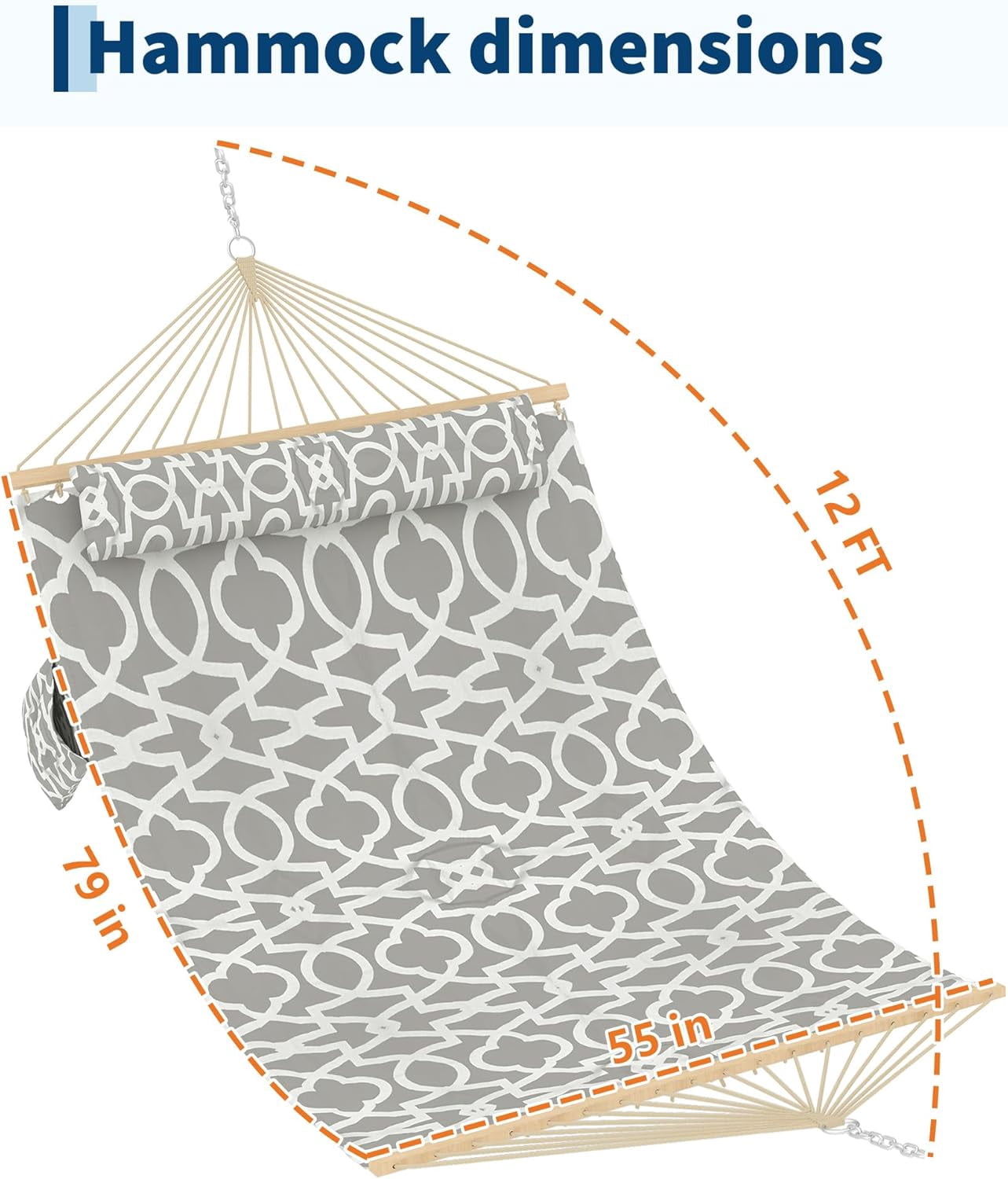 IdealHouse Comfortable 2 Person Quilted Hammock with Hardwood Spreader Bars & Pillow – 450lbs Capacity – Ideal for Patio, Backyard, or Poolside – Double Outdoor Hammock – Light Gray Stripes