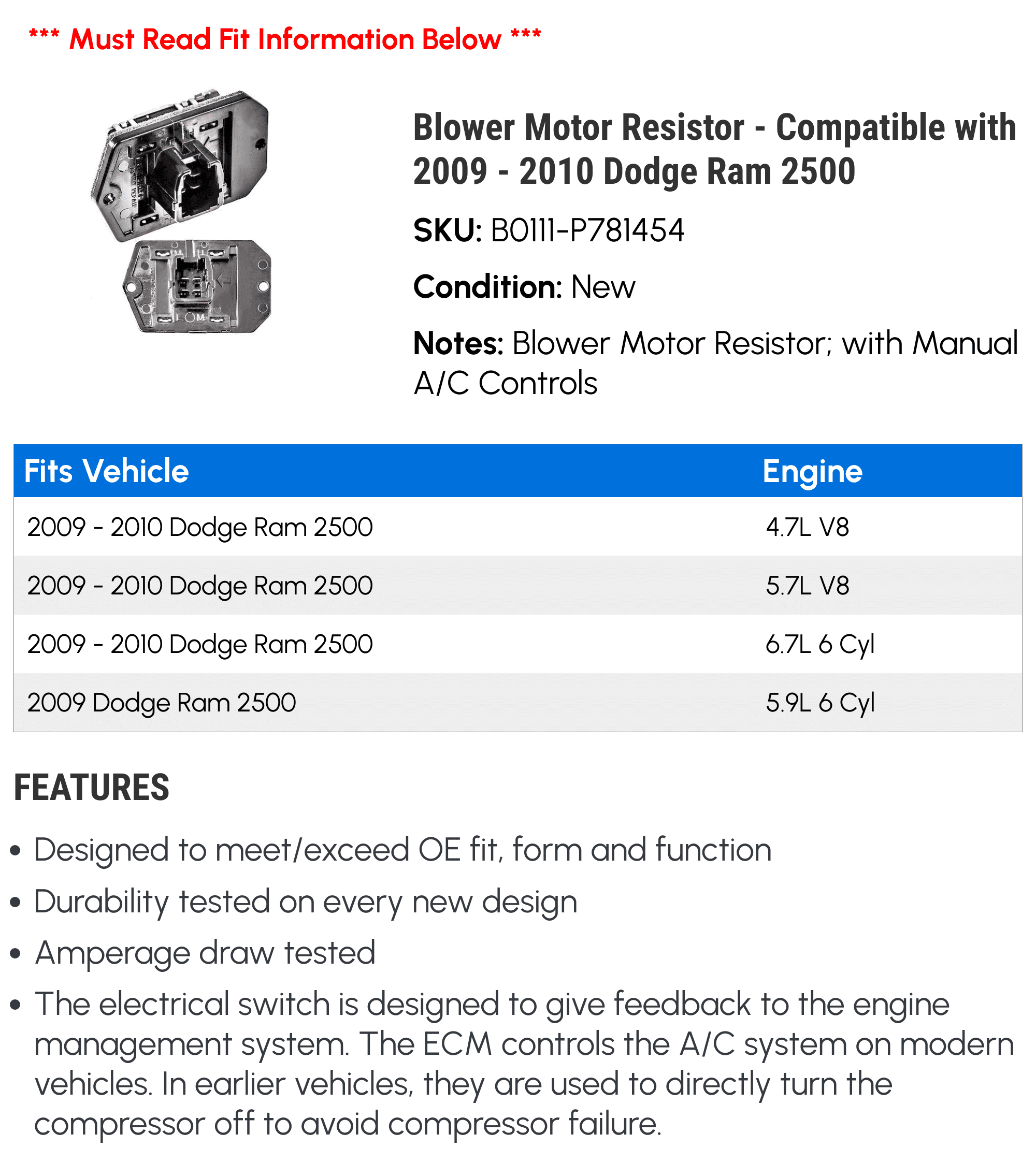 Blower Motor Resistor - Compatible with 2009 - 2010 Dodge Ram 2500