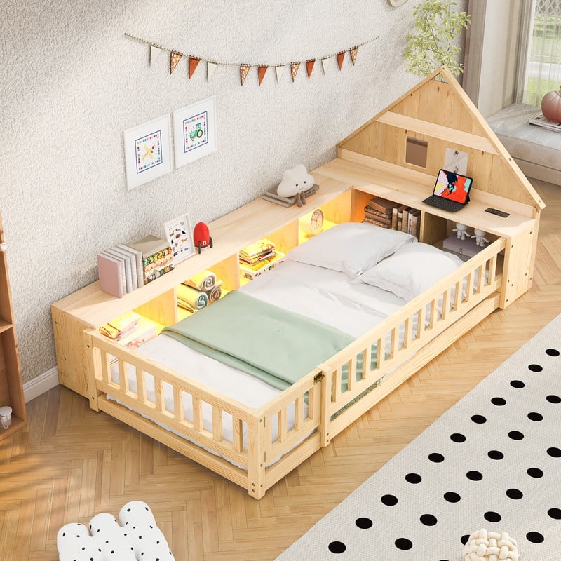 Twin Size Wood Floor Bed with Guardrail & Small Door, House-Shaped Bookcase Headboard Kids Platform Storage Bed with LED & Outlet