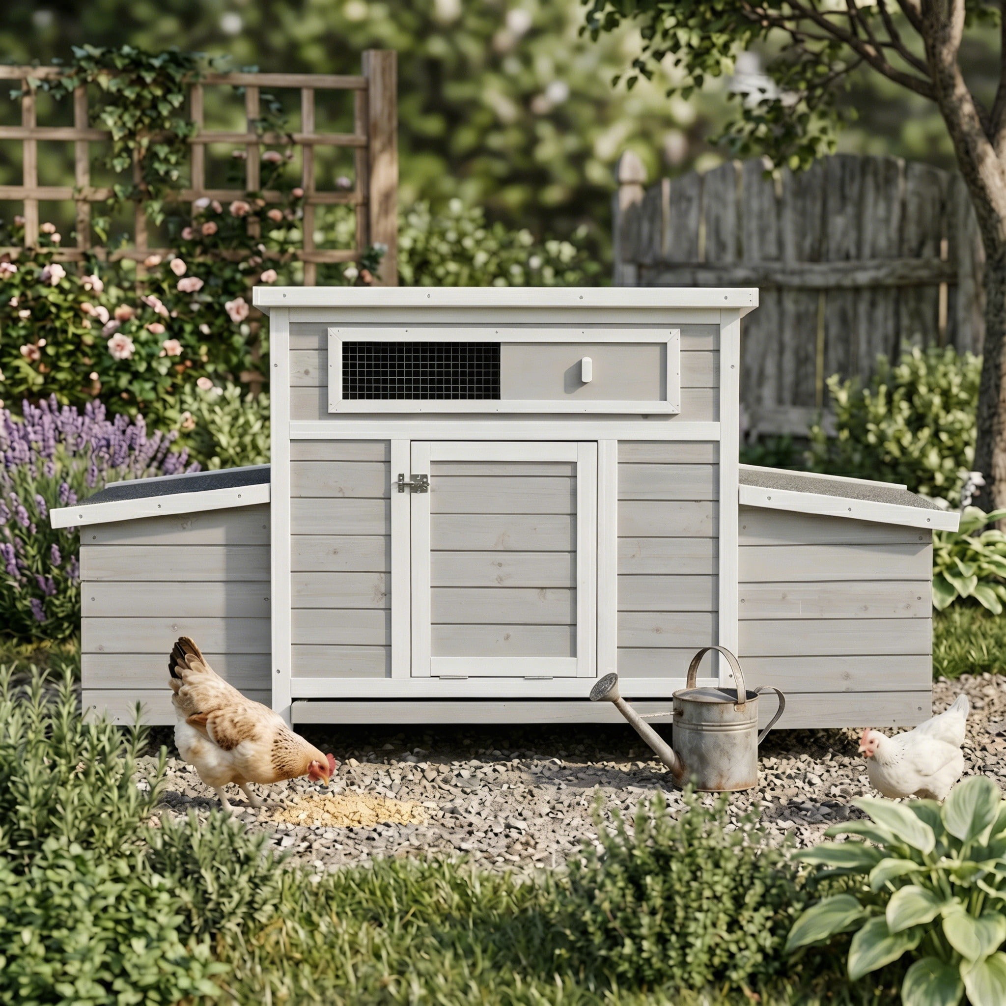 Backyard Chicken Coop with Nesting Box, Weather Resistant Wooden Hen House, Walk-In Run Options, Fits 2-6 Chickens, Gray Coop