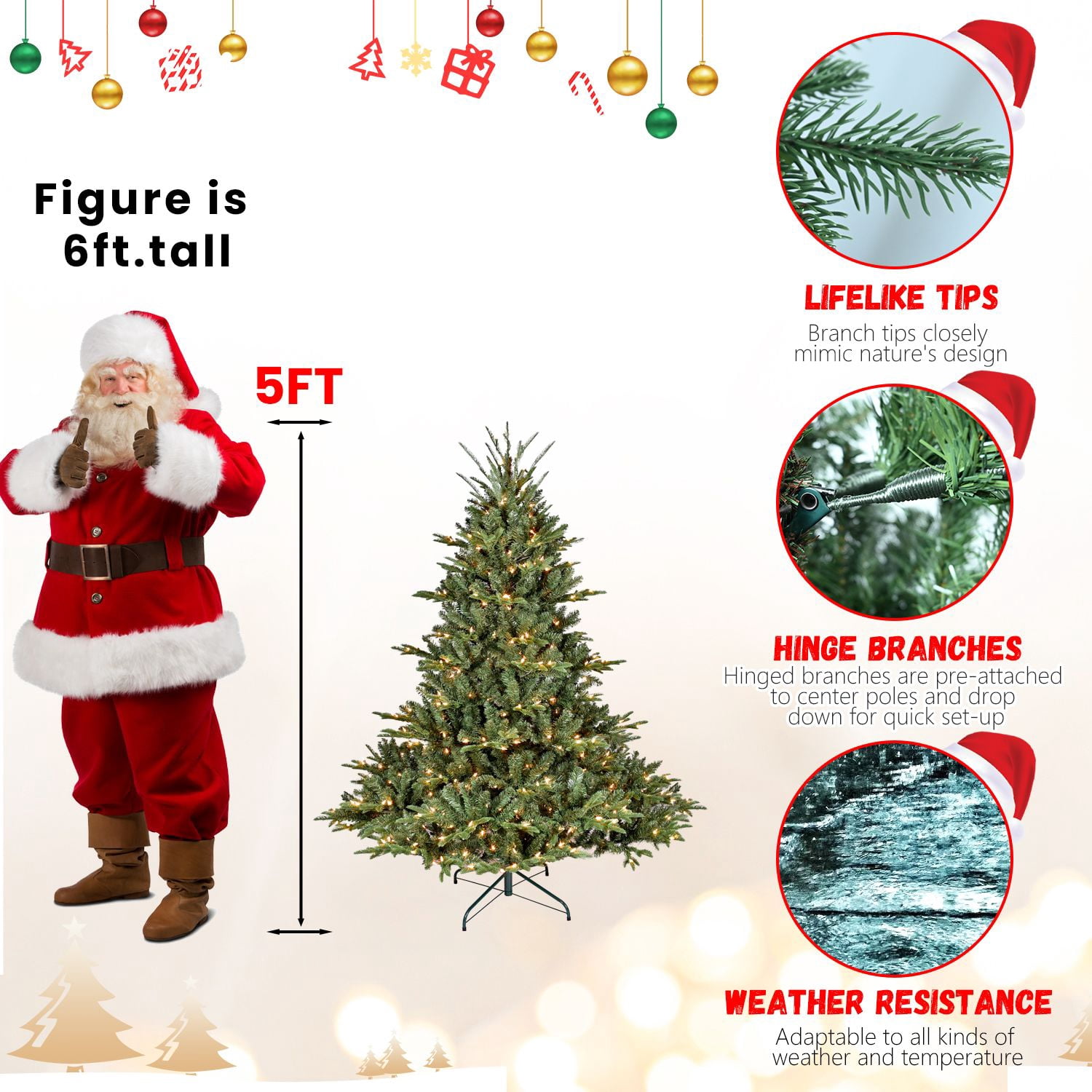 Alvantor 5FT Christmas Tree Full-Shape Holiday Tree with 350 LED Lights & 1129 Tips for Indoor Holiday Decoration Green