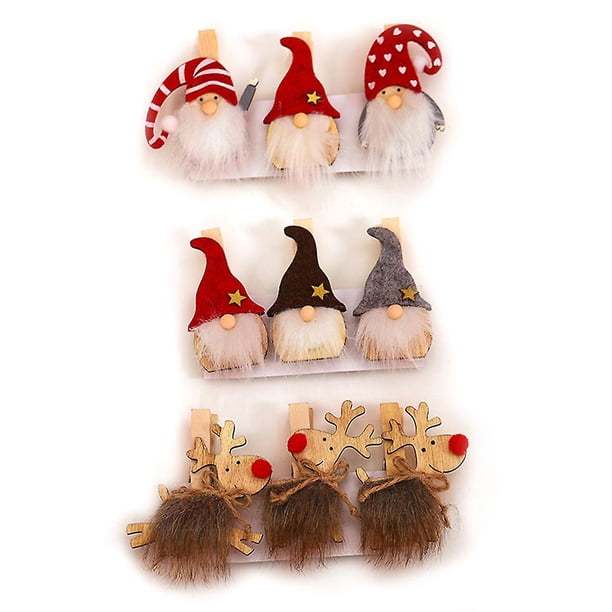 Q5 Clips de madera para decoración de alce, gnomo sueco de Navidad, bricolaje, papel fotográfico, ropa, abrazaderas para postales, 9 Uds.