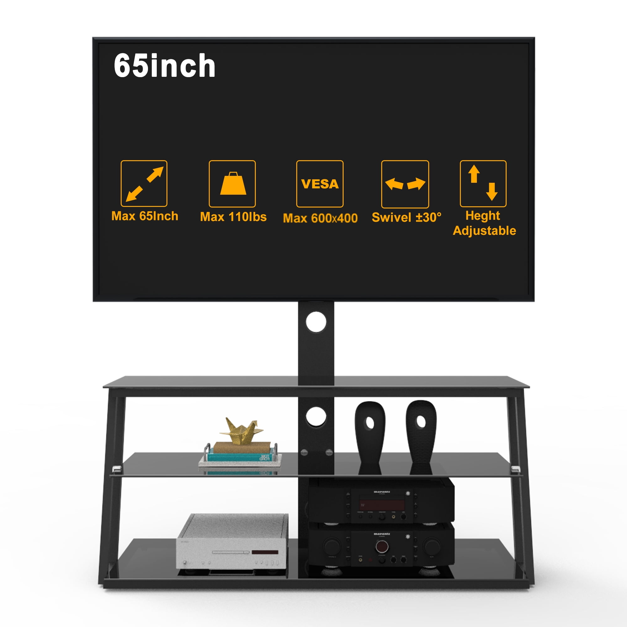 TV Stand for 32-65 Inch TVs with Cable Management,Multi-Function Height & Angle Adjustable Tempered Glass TV Floor Stand,Black