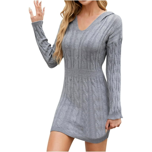 MeetoTime Robe Chandail Femme Automne 2024 Manches Longues Col en V Tricot Torsadé Justaucorps en Laine Chandail Jumper