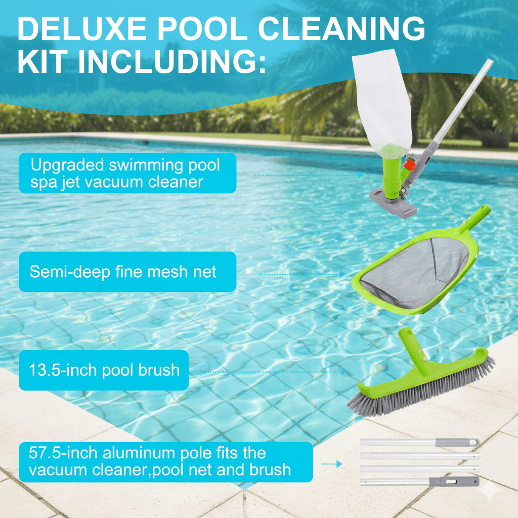 WaterJingle 4-Piece Pool & Spa Maintenance Kit: Jet Vacuum with 57.5" Pole, 13.5" Curved Brush & Semi-Deep Skimmer Net - Venturi Cleaning System for Hot Tubs & Above Ground Pools