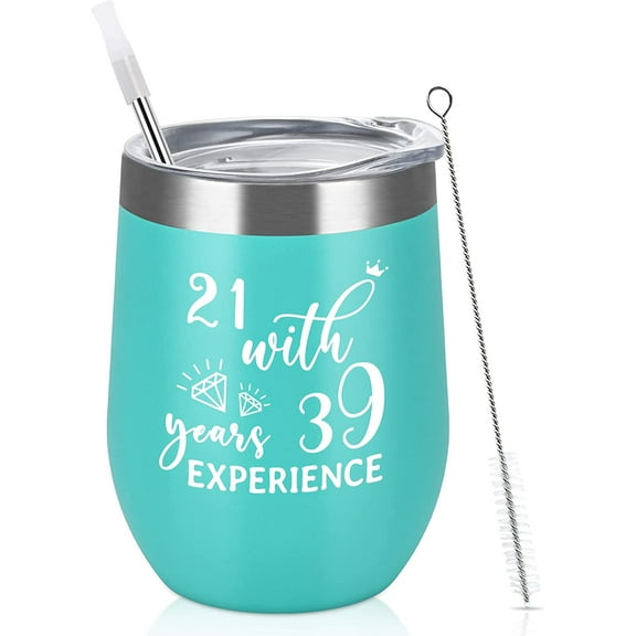 60th Birthday Gifts for Women - 60th Birthday Wine Tumbler for Women, 12oz Insulated Wine Tumbler with Lid and Straw, Great 60 Years Old Birthday Gifts for Anniversary Decorations (Lake Blue)