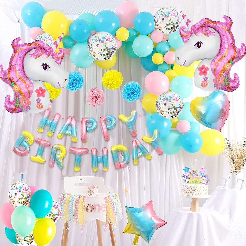 AOWEE Unicorn Party Decorations, 3D Unicorn Balloon Arch with Happy Birthday Banner Paper Pompoms Latex Confetti Balloons Cake Topper Foil Balloon for Girl Birthday Baby Shower