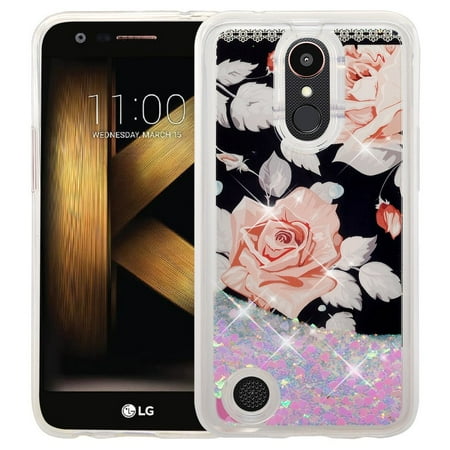 Rebel Floating - Bling Liquid Glitter Floating Quicksand Case Cover for LG Aristo 2 Plus Case, Aristo 2, LG Tribute Dynasty, Rebel 3, Zone 4 Case - White Roses