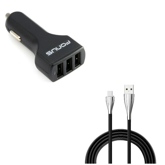 3-Port USB 36W Car Charger w Charger Cord Type-C 6ft USB Cable J5Y for LG Stylo 5 4 Plus - Microsoft Surface Go (10"), Lumia 950 - Motorola One, Moto Z4 Z3 Play Z2 Play Z Play Droid Force