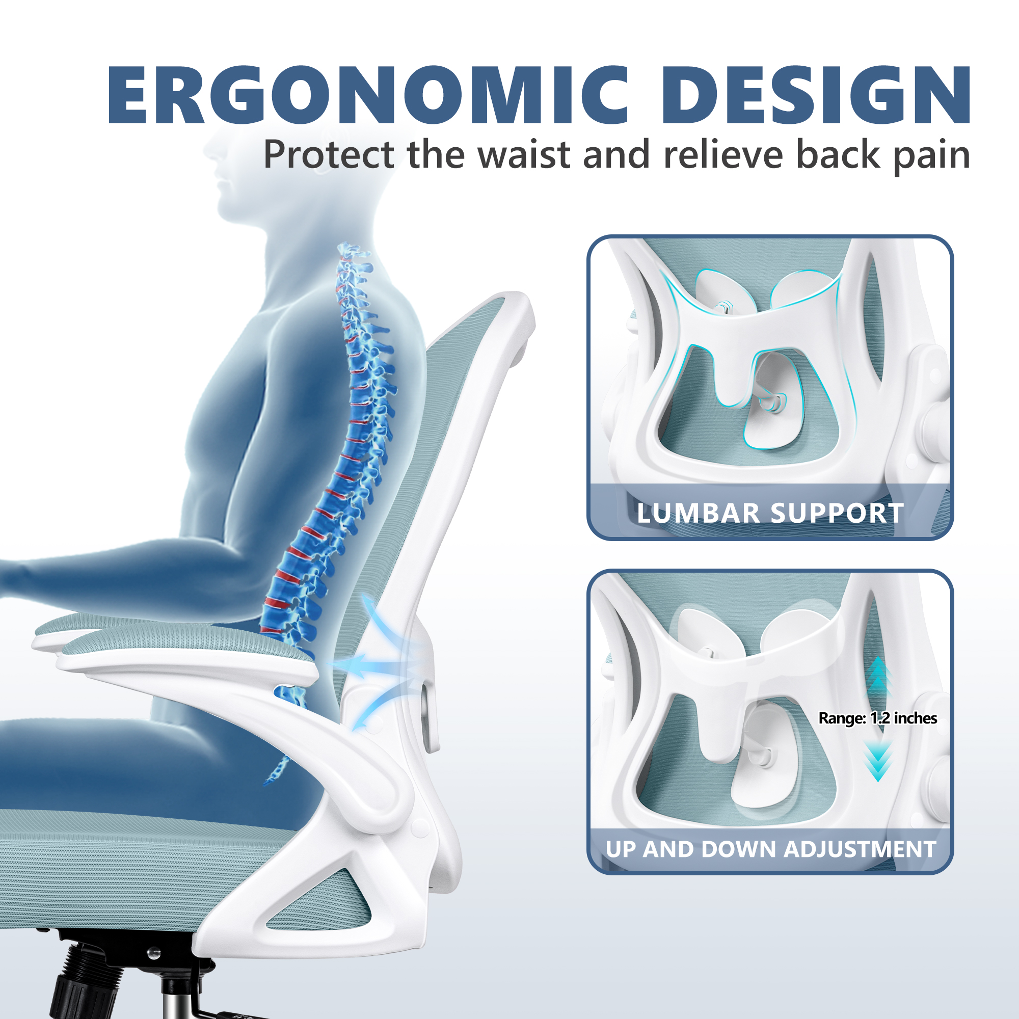 ATHOPE Office Chair, Ergonomic Desk Chair with Flip Up Armrests, Height Adjustable Computer Chair with Lumbar Support, Light Blue
