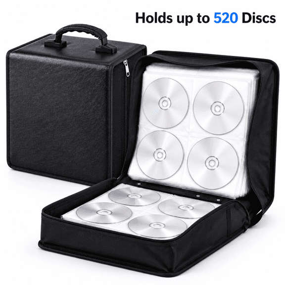 Naeqieo 520 Capacity CD DVD Case Holder, Heavy Duty Nylon Disc Storage Organizer Binder with Protective Sleeves, Portable Media Wallet for Home Car Office Collection