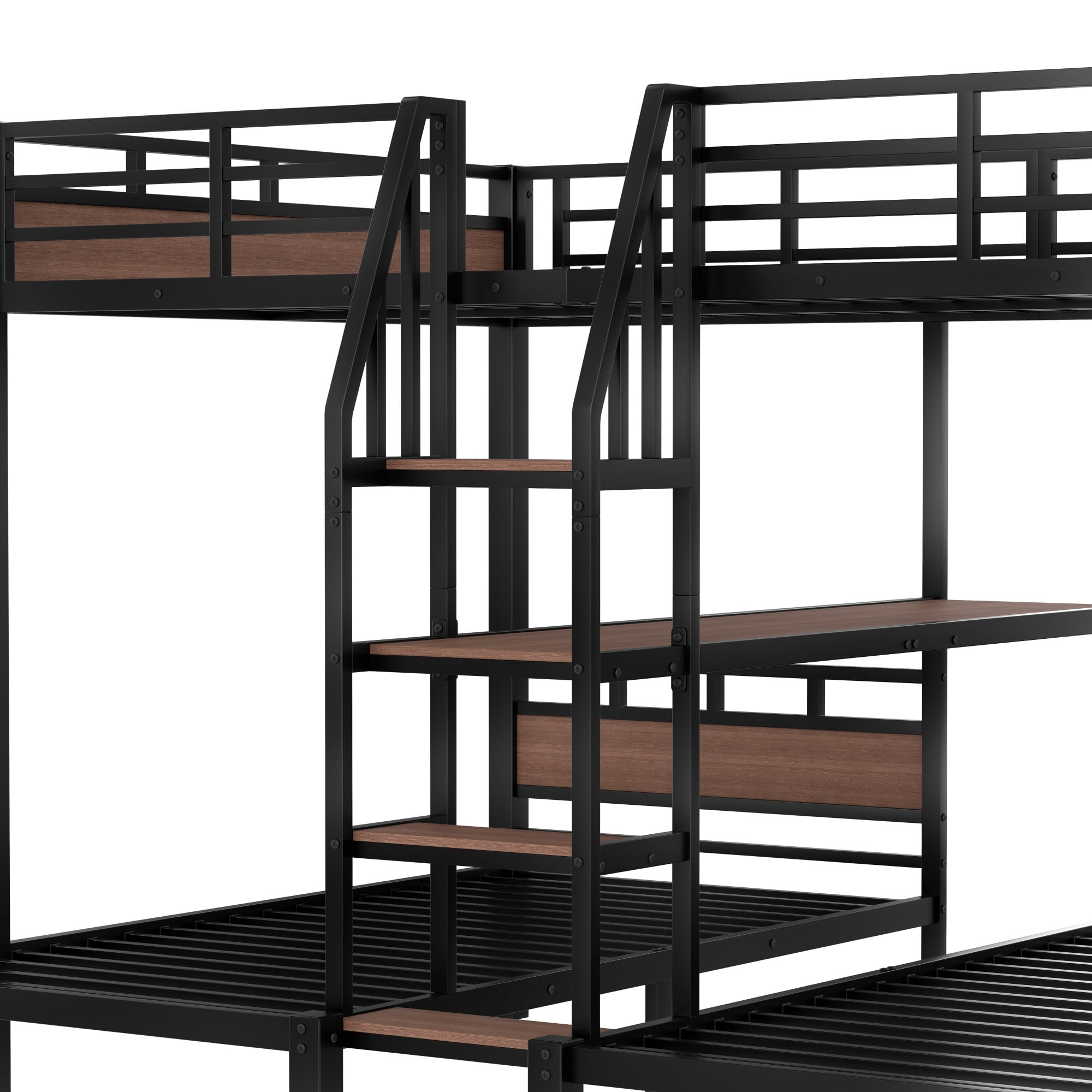 Aukfa Triple Bunk Bed with Storage Shelves & Stairs, Queen over Twin over Twin Metal Bunk Bed for 3, Space-Saving Heavy Duty Bed Frame, Black