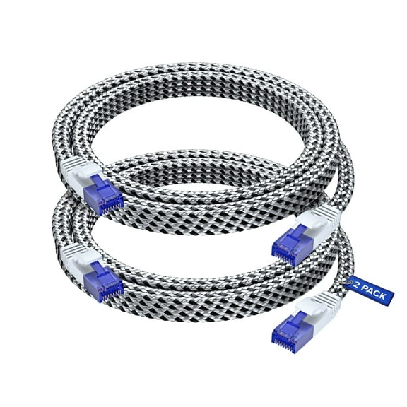 Cat 6 Ethernet Cable, 6 ft, 2 Pack Easy-Hide Flat Super-Durable White Braided Network LAN Internet Cable/Cord