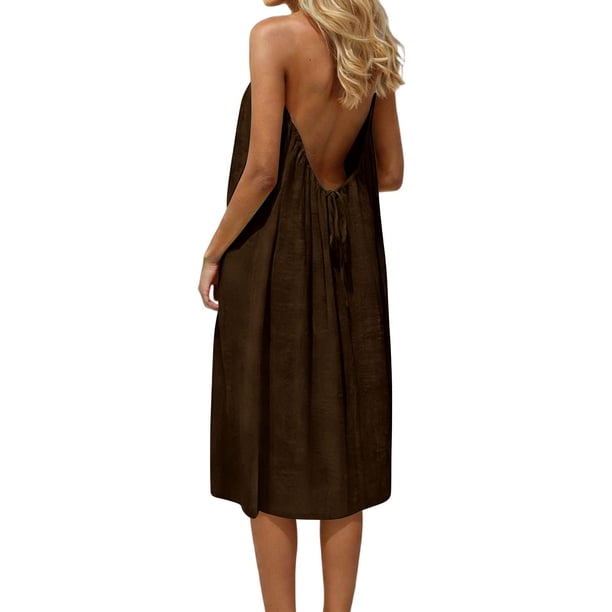 Vestido de Verano Casual de Mujer Cuello Redondo Vestido sin Mangas sin Espalda para Uso Diario Casual