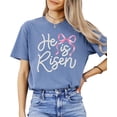 thumbnail image 2 of He Is Risen Christian Shirt for Women - Pearl Bow Easter Faith Graphic Tee Blue Jean Shirt Adult Large, 2 of 7