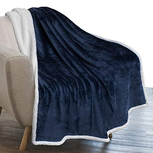 PAVILIA Plush Sherpa Fleece Throw Blanket Navy | Soft, Warm, Fuzzy Dark Blue Throw for Couch Sofa | Solid Reversible Cozy Microfiber Fluffy Blanket, 50x60