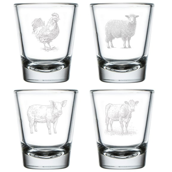 Set of 4 Shot Glasses 1.75oz Shot Glass Gift Farm Animals Collection