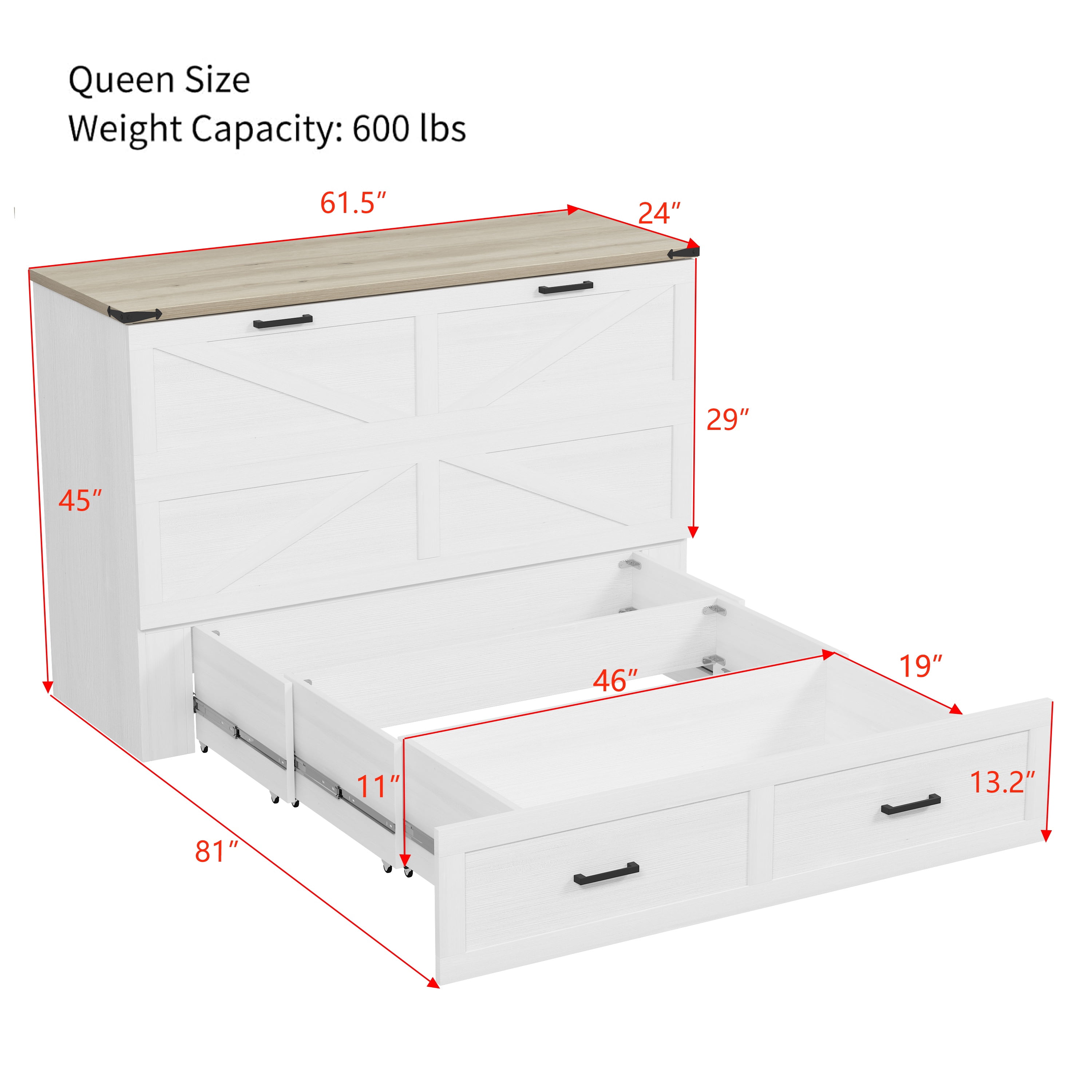 Bellemave Queen Size Farmhouse Murphy Bed Frame with Charging Station and Storage Drawer Foldable Cabinet Platform Bed for Guest Room or Home Office (Queen Size, Antique White)