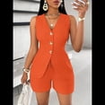 thumbnail image 4 of Conjuntos de Verano de 2 Piezas para Mujer, Sin Mangas, con Cuello en V, Abotonado, Chaleco y Pantalones Cortos con Bolsillos. Naranja Rojo S, 4 of 10