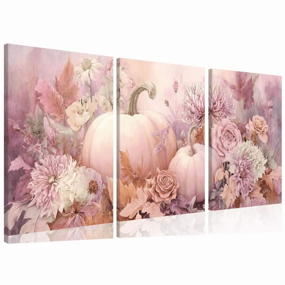 Ullo0ord Halloween Pumpkin Canvas Wall Art - Ready to Hang Farmhouse Decor with Pink Floral Pumpkins - Autumn Fall Decoration in Pastel Pink, Peach, Green, Purple - Framed Poster 12*16inch*3pcs