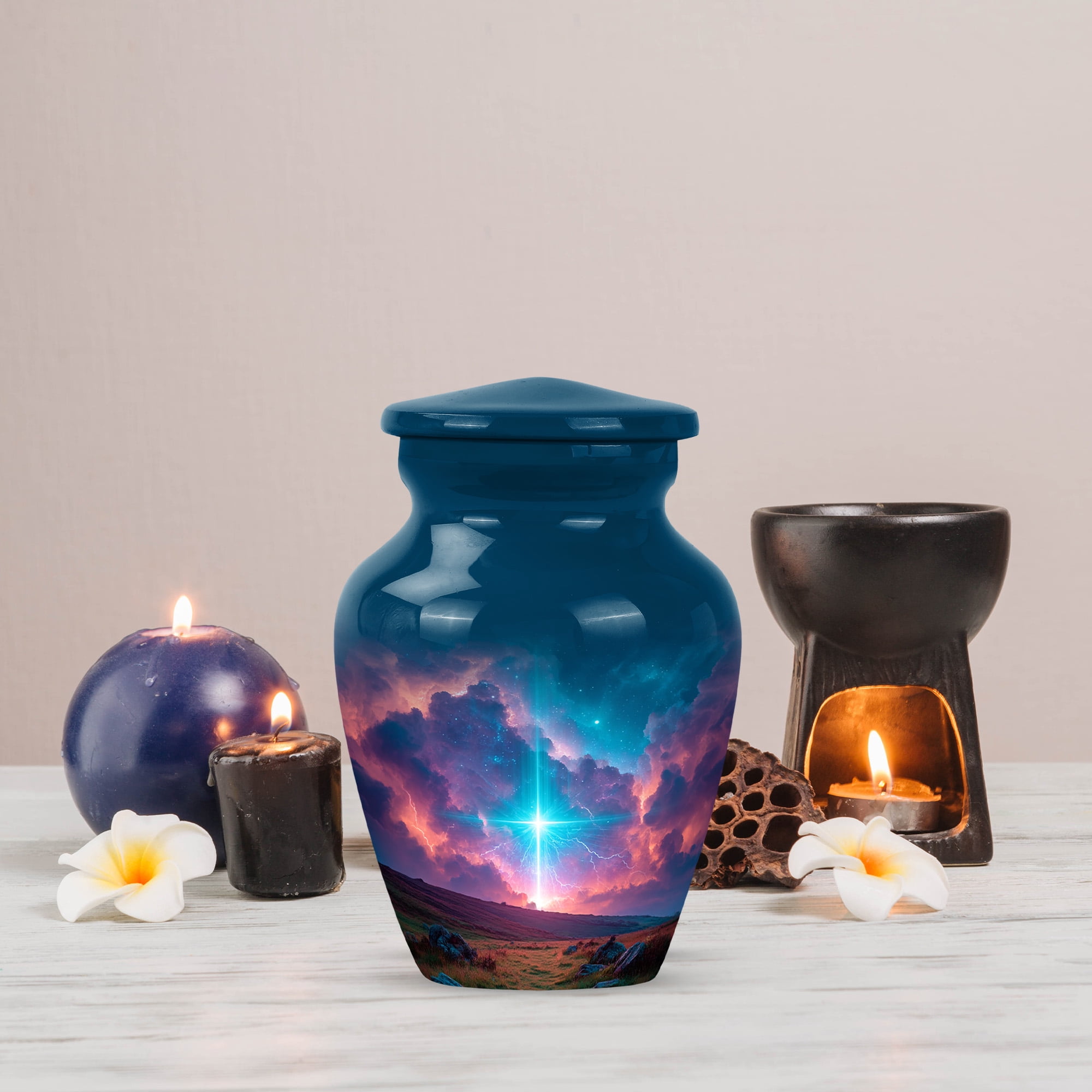 MUKTIVE Cross Small Cremation Urns for Human Ashes Female, Keepsake Navy Blue Urns for Human Ashes Adult Man, Mini Landscape Memorial Urn with Decorative Gift for Mom, 3 Inch