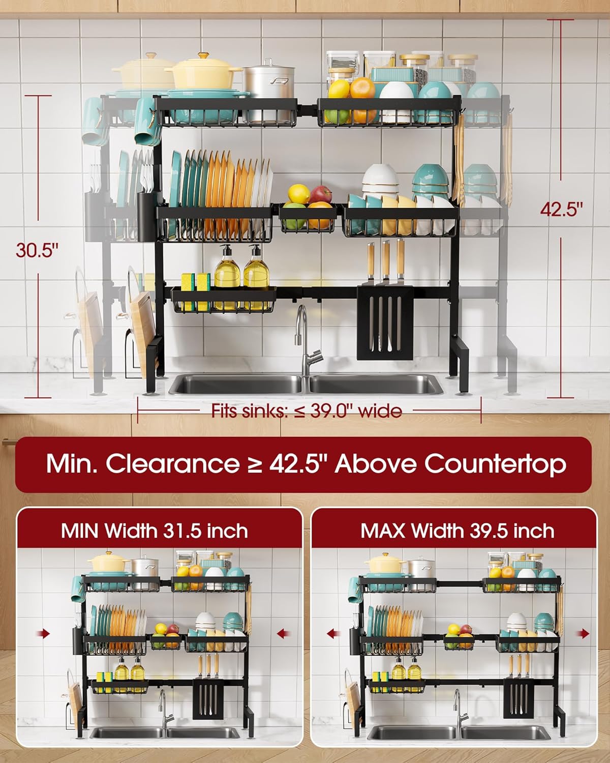 Over The Sink Dish Drying Rack - Adjustable 2 Tier X-Large Capacity Stainless Steel Drainer with Cutlery & Utensil Holders, Kitchen Storage & Organization
